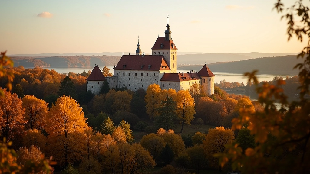 Biržų pilies bokštai žiūri iš aukščio virš rudens spalvomis margomų medžių